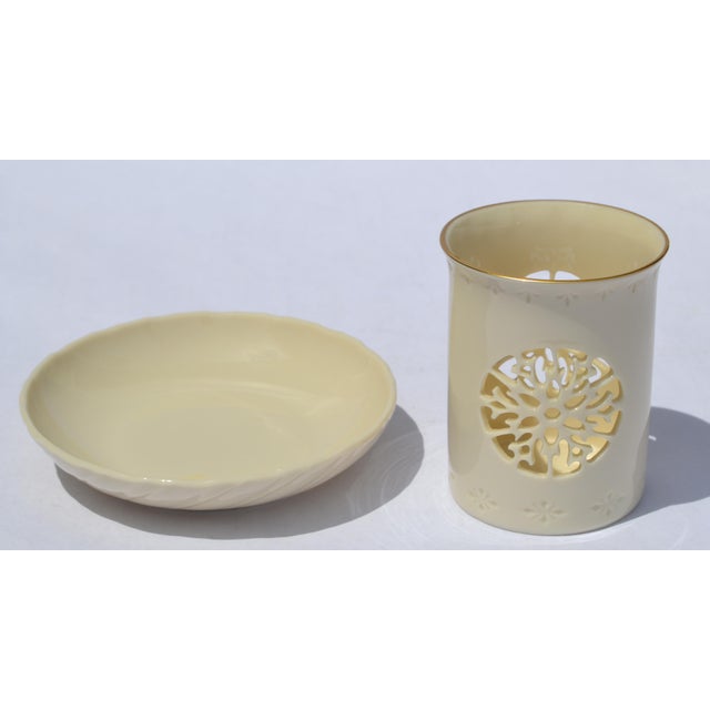 Vintage Lenox Pierced Porcelain Votive Candle Holder in tan-cream Porcelain with snowflake intricate cut-out patterns, 24K...