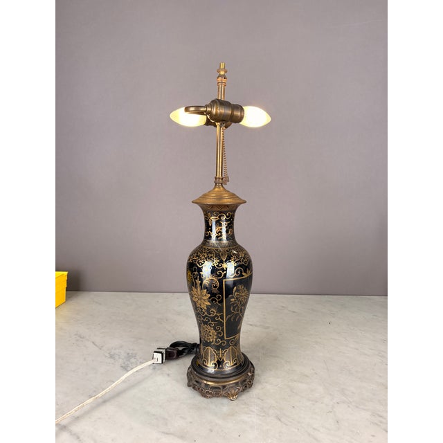 Ceramic Early 19th Century Black Glaze and Gilt Chinese Floral Table Lamp For Sale - Image 7 of 10