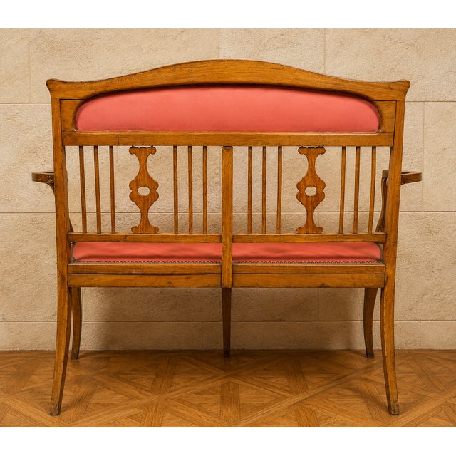 Art Nouveau period bench in inlaid fruitwood Charming two-seater Art Nouveau bench, crafted from fruitwood and richly...