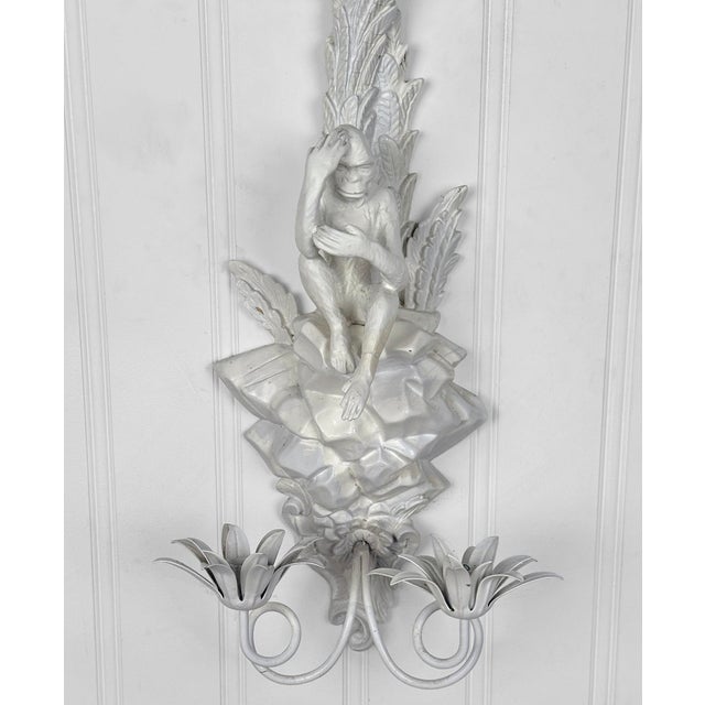 Wood Vintage Florida Regency White Lacquered Palm Tree & Monkey Candle Wall Sconce For Sale - Image 7 of 11