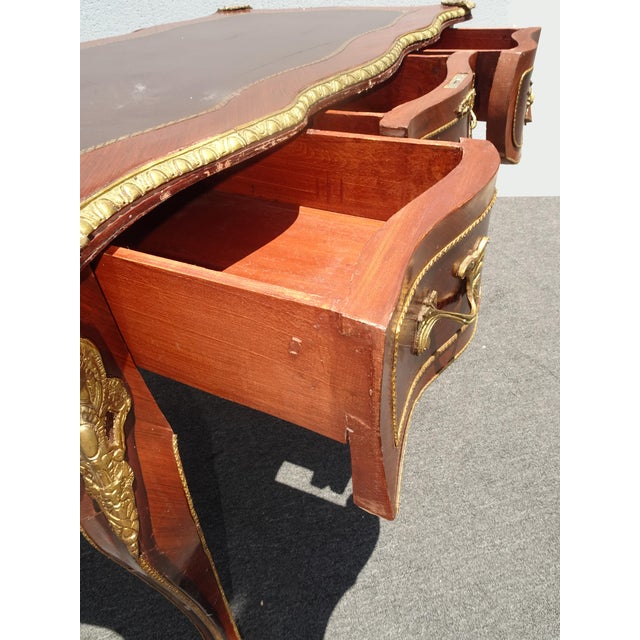 Brass Vintage French Louis XV Bureau Plat Writing Desk Ornate Brass Ormolu Leather Top For Sale - Image 8 of 16