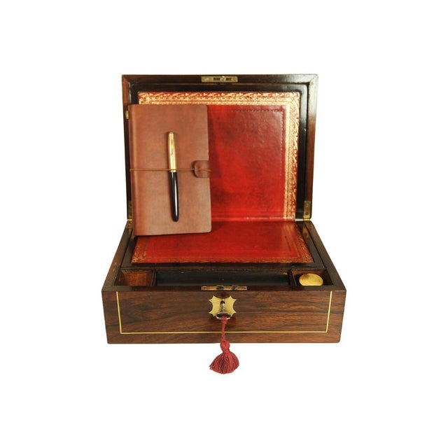 Metal Victorian Rosewood Writing Slope with Brass and Leather Inlay, UK, 1880, Set of 5 For Sale - Image 7 of 13