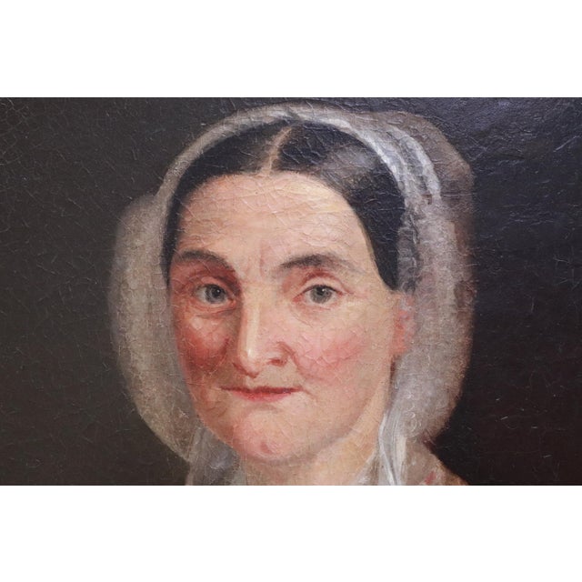 19th Century Early 19th Century American Folk Art School Portrait of a Lady Holding Glasses For Sale - Image 5 of 5