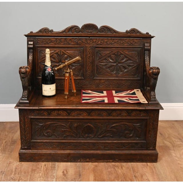 Victorian Farmhouse Oak Hall Bench, 1880 For Sale - Image 9 of 9