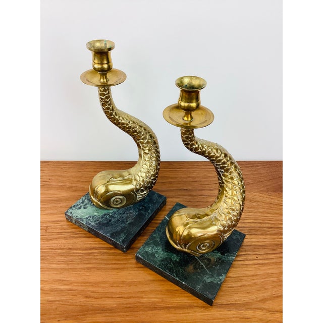 Vintage Antique Dolphin / Fish Brass & Marble Pair of Candle Holders For Sale - Image 4 of 8