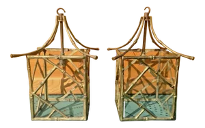 C. 1930's French Maison Bagues Gilt Bronze Pagoda Form Faux Bamboo Lanterns - a Pair