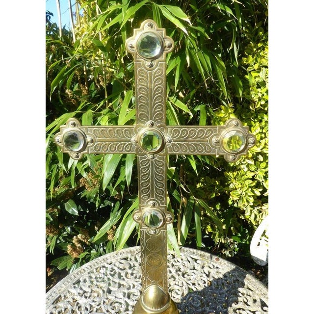 Victorian Religious Ecclesiastical Church Brass Crucifix with Cabochons, 1860 For Sale - Image 3 of 14