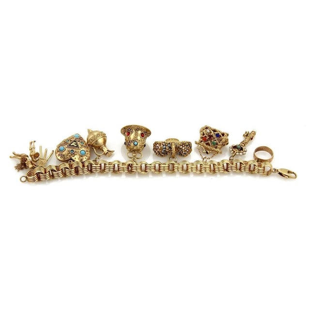 Mid 20th Century Mid 20th Century Hefty Multicolor Gemstone 9 Charm 14k Yellow Gold Bracelet For Sale - Image 5 of 5