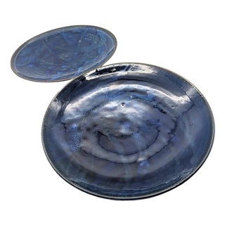 Vintage Wheel Thrown Studio Pottery Glazed Stoneware Plates, a Pair For Sale