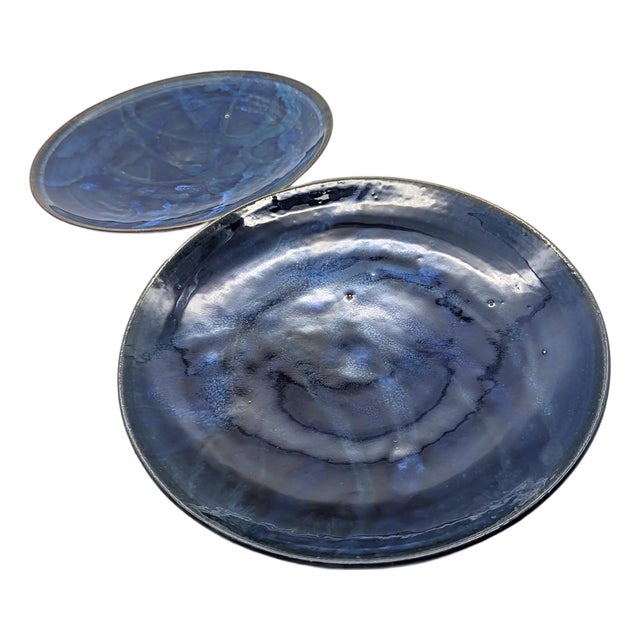 Vintage Wheel Thrown Studio Pottery Glazed Stoneware Plates, a Pair For Sale