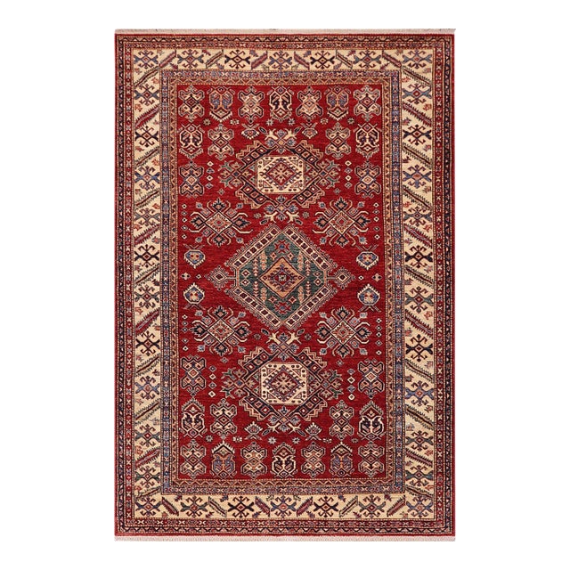 Southwestern Super Kazak Red/Beige Wool Rug - 5'7'' X 8'8'' For Sale