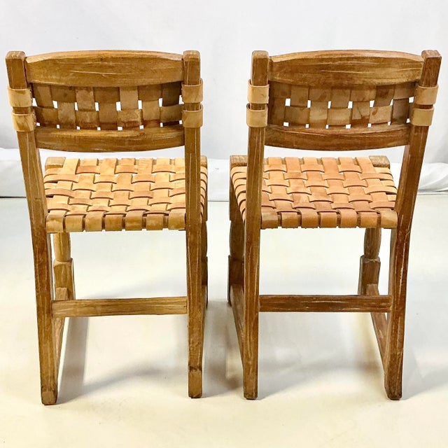 Cinco De Mayo - 1970s Brutalist Boho Chic Mexican Ceruse Oak & Leather Strap Dining Chairs - A Pair. For Sale - Image 11 of 13