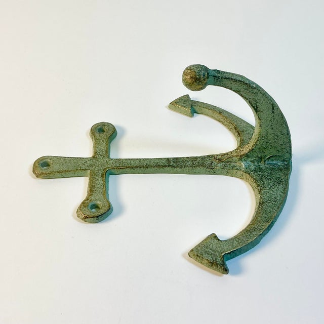 Asparagus 1970s Vintage Nautical Coastal Arts & Crafts Cast Iron Anchor Wall Hook For Sale - Image 8 of 9