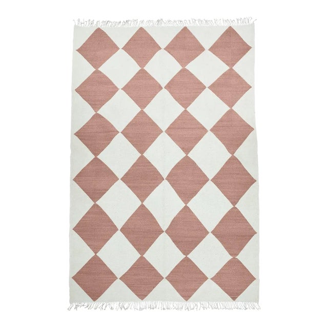 Redwood & Natural White Diamond Checker Zanafi Flatweave Moroccan Wool Rug 9x12 For Sale