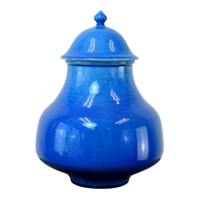 Mid Century Modern Blue Glazed Raymor Italian Pottery Jar For Sale