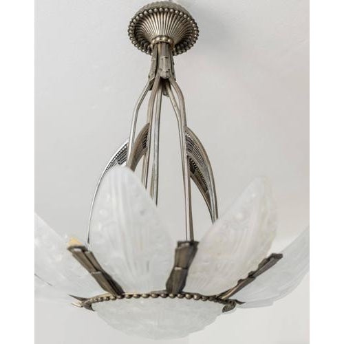 Metal Art Deco Bronze and Glass Chandelier by Georges Leleu, France, 1930s For Sale - Image 7 of 18