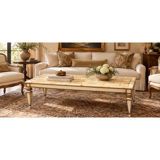 Early 20th Century Parcel Gilt Hand Painted Louis XVI French Regency Coffee Table With Mosaic Onyx Top For Sale - Image 12 of 12