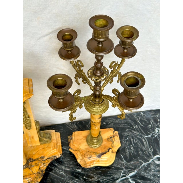 Late 19th Century 19th Century Louis XVI French Neoclassical Marble and Gilt Bronze Mantel Clock and 5 Arm Candelabra Garniture Set For Sale - Image 5 of 12