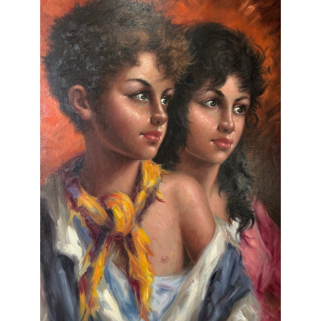 1960’s Vintage S. Hittle Girl and Boy Figurative Portrait Oil on Canvas Painting Framed For Sale - Image 10 of 12