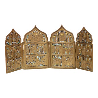 Antique Russian Polyptych With Enamel Travel Icon For Sale