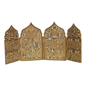 Antique Russian Polyptych With Enamel Travel Icon