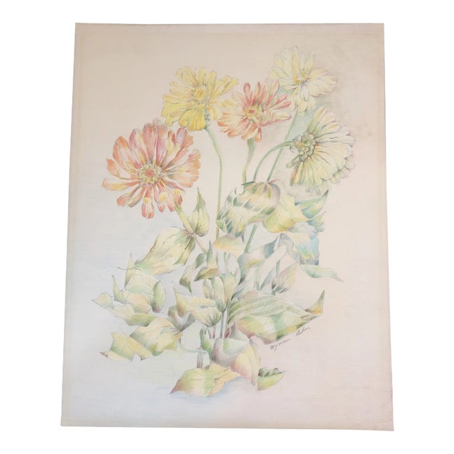 Original Vintage Floral Still Life Colored Pencil Drawing 1970’s For Sale