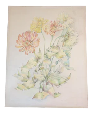Original Vintage Floral Still Life Colored Pencil Drawing 1970’s