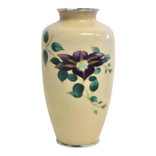 Large Signed Yukio Tamura Japanese Clematis Cloisonne Vase 10" For Sale