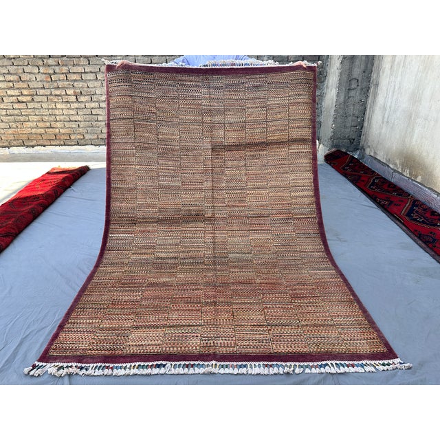 Red Multicolor Checkered Stripe Hand-Knotted Wool Rug - 5'10" X 8'2" For Sale - Image 8 of 13
