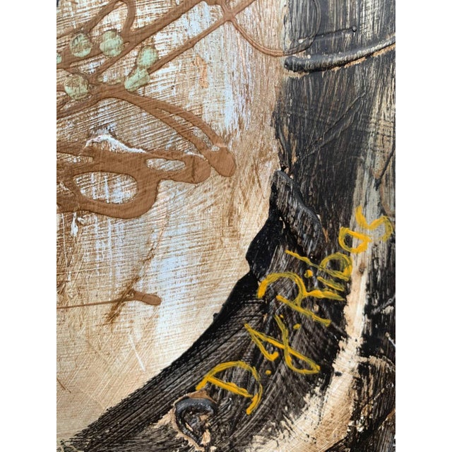 A striking original oil painting on board signed D.G. Ribas, featuring a dynamic abstract composition built from sweeping...