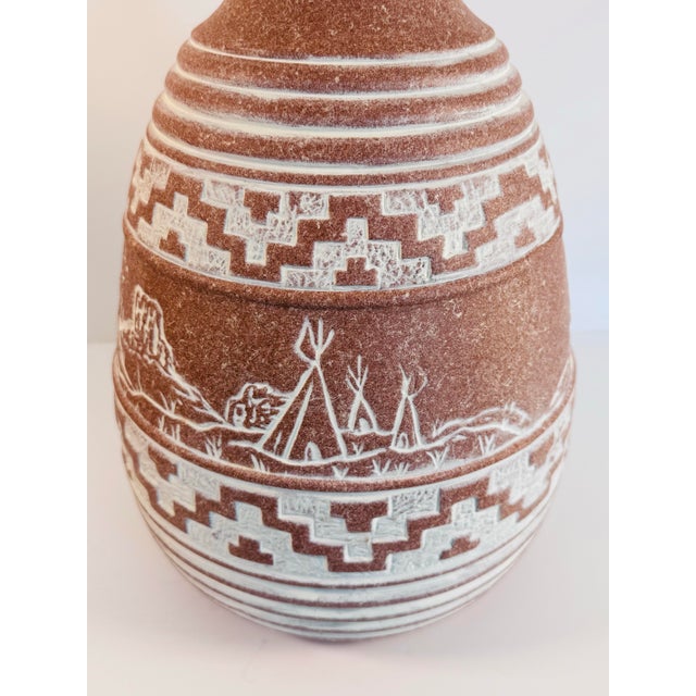 1980s Vintage 1980s Southwestern-Style Terracotta Pottery Base W/ Teepee & Mountains Table Lamp For Sale - Image 5 of 10