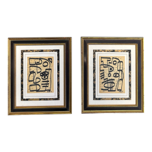 Contemporary Two Original Wayne Cunningham Abstract Marker Drawings on Vintage Paper- Set of Two