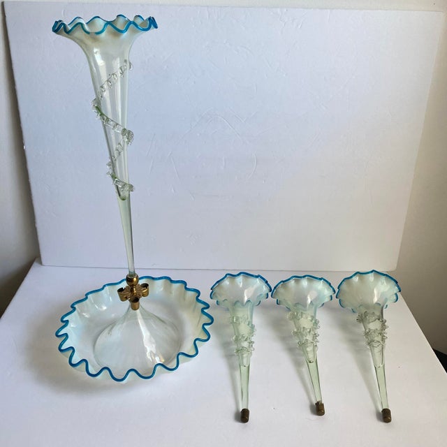Victorian Epergne Blue Vaseline Glass Antique Ruffle Art Glass Vase For Sale - Image 6 of 12