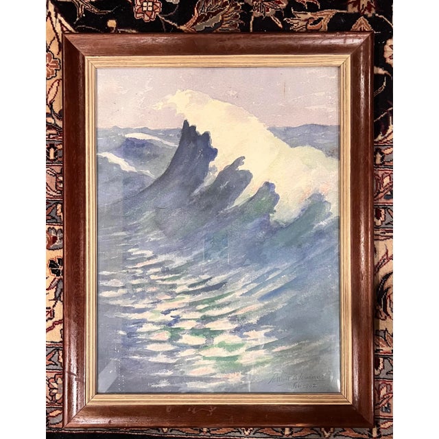 Blue 1962 Vintage Watercolor Signed Ocean Wave Framed Painting For Sale - Image 8 of 8