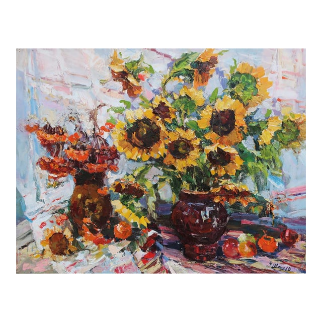 Sunflower Still Life Painting, Original Soviet Ukrainian Art 70-90 For Sale
