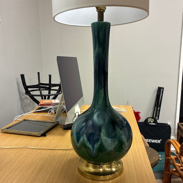 Mid-Century Modern 1960s Mid-Century Modern Royal Haeger Style Drip Blue Green Glaze Lamp For Sale - Image 3 of 6