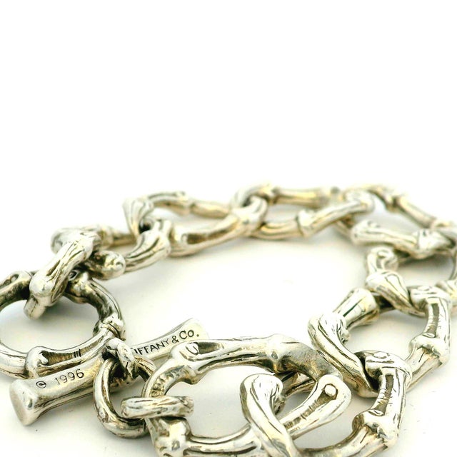 1990s Tiffany & Co. 1996 Heavy Sterling Silver Bamboo Link Bracelet 63g W/ Box For Sale - Image 5 of 11