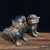 Pair of Antique Gilt Bronze Guardian Lions – 4.3" Foo Dogs With Stone Inlay For Sale - Image 4 of 8