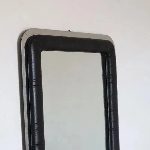 Black Rectangular Mirror with Black Leather Frame, 1970s For Sale - Image 8 of 9