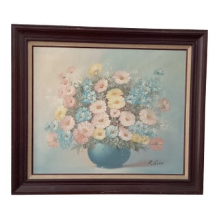 Vintage Still Life Pastel Painting on Canvas “Summer Bouquet in Blue Vase“ Signed Framed For Sale