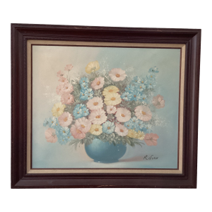 Vintage Still Life Pastel Painting on Canvas “Summer Bouquet in Blue Vase“ Signed Framed