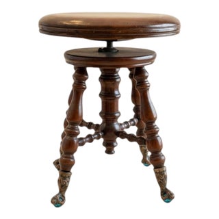 Antique Victorian Piano Stool-Charles Parker-Blue Glass Ball Claw Feet-Wood Seat For Sale