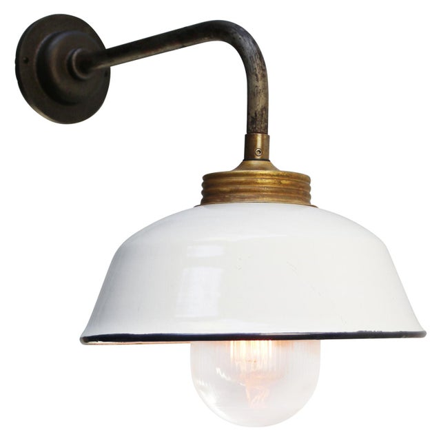 Rust Cast Iron Barn light White enamel shade, brass top, clear striped glass Diameter cast iron wall piece: 10.5 cm / 4...