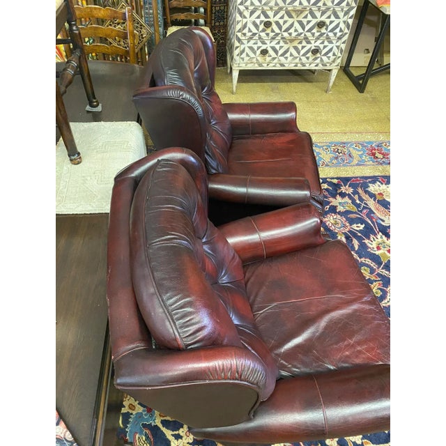 Animal Skin Mid-Century Oxblood Leather Chesterfield Club Chairs England A-Pair For Sale - Image 7 of 13