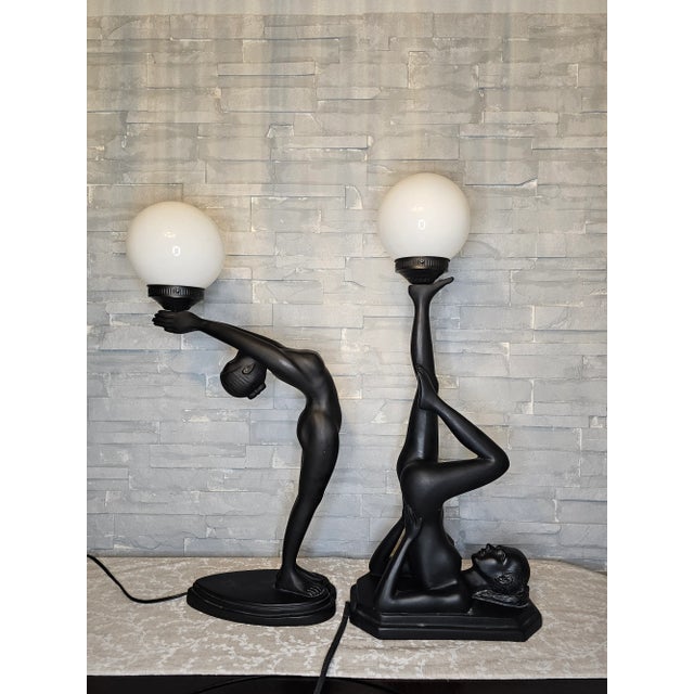 Art Deco Set of 2 Vintage Art Deco Black Lamps Nude Woman Holding a Globe Figural For Sale - Image 3 of 12