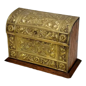 Beautiful Antique English Oak Desk Top Letter & Stationery Box With Embossed Art Nouveau Brass - Circa 1900