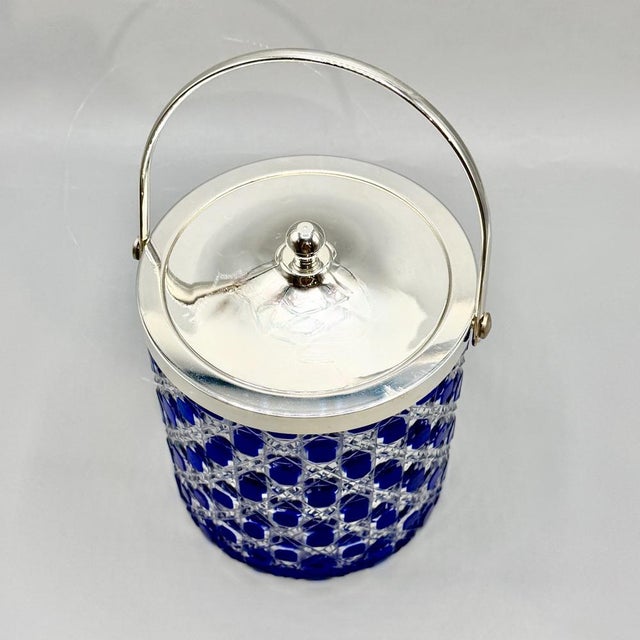 Mid-Century Modern Cobalt Blue Overlay Cut Crystal Biscuit Barrel with Silver-Plated Mount, 1950s For Sale - Image 13 of 18
