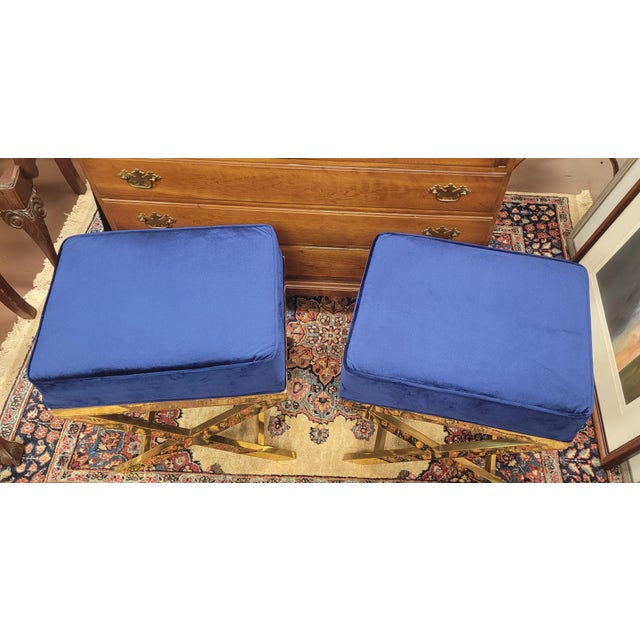 Metal Pair Brass X Stools in Blue & Gold For Sale - Image 7 of 9