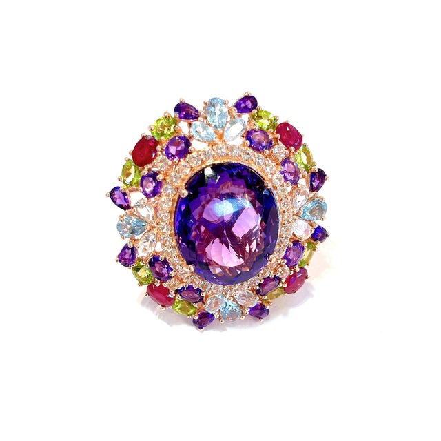 Bochic “Orient” Amethyst & Ruby & Multi Gem Cocktail Ring Set 18K & Silver, Size 7.5 For Sale In New York - Image 6 of 12