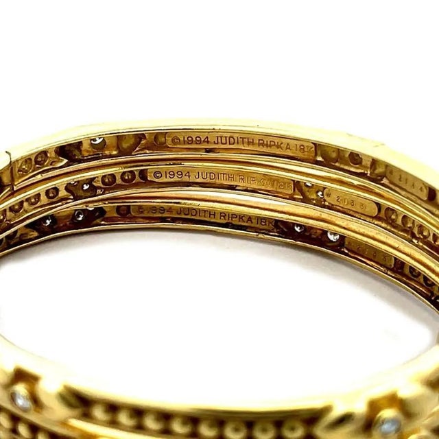 Metal Judith Ripka Bracelet Diamond 18k Yellow Gold Bead & Hearts Hinge 3 Bangles For Sale - Image 7 of 7